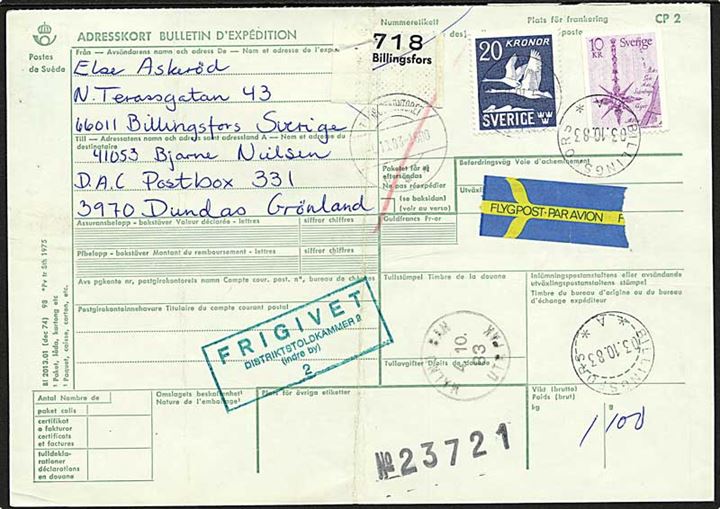 30 kr. frankeret internationalt adressekort for luftpostpakke fra Billingsfors d. 3.10.1983 via Toldpostkontoret til Dundas, Grønland. Transit stemplet Bro IId Toldpostkontoret d. 5.10.1983 (tidligst registrerede dato).