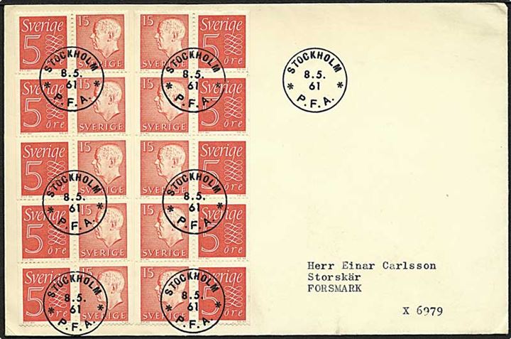 15 öre Gustaf og 5 öre Ciffer i hæftesammentryk på FDC stemplet Stockholm d. 8.5.1961 til Forsmark.