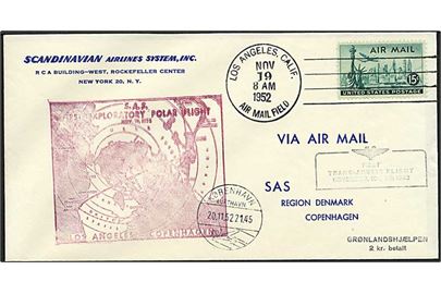 Amerikansk 15 c. frankeret SAS 1. flyvningskuvert Trans-Arctic Flight fra Los Angeles d. 19.11.1952 til København. Liniestempel: Grønlandshjælpen 2 kr. betalt.