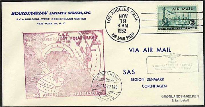 Amerikansk 15 c. frankeret SAS 1. flyvningskuvert Trans-Arctic Flight fra Los Angeles d. 19.11.1952 til København. Liniestempel: Grønlandshjælpen 2 kr. betalt.