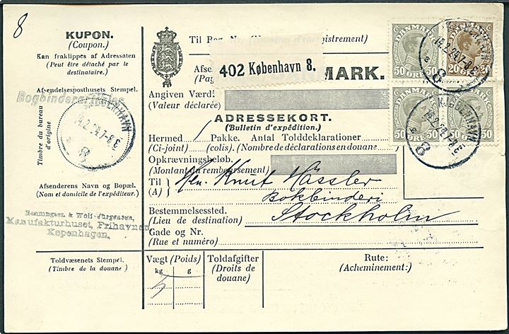 20 øre og 50 øre (3) Chr. X på 170 øre frankeret internationalt adressekort for pakke fra Kjøbenhavn 8 d. 14.2.1924 til Stockholm, Sverige.