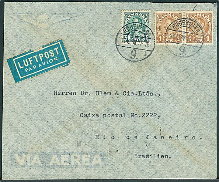 60 øre og 1 kr. (2) Chr. X på 260 øre frankeret luftpostbrev fra København d. 12.12.1936 via Paris til Rio de Janeiro, Brasilien.