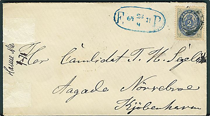 2 sk. Tofarvet (lille skade) på fodpostbrev annulleret med svagt nr.stempel og sidestemplet med ovalt fodpoststempel F:P: d. 28.9.1871 til Nørrebro.