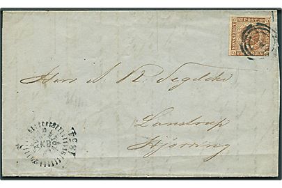 4 R.B.S. Thiele III på brev annulleret med nr.stempel 1 og sidestemplet med kompasstempel Kiøbenhavn d. 28.9.1854 til Lønstrup pr. Hjørring.