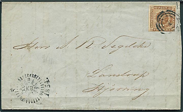 4 R.B.S. Thiele III på brev annulleret med nr.stempel 1 og sidestemplet med kompasstempel Kiøbenhavn d. 28.9.1854 til Lønstrup pr. Hjørring.