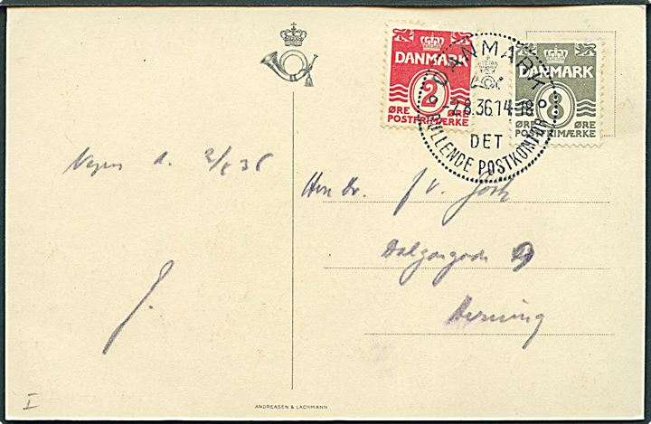 2 øre og 8 øre Bølgelinie på brevkort dateret Vejers annulleret med særstempel Danmark * Det Rullende Postkontor * d. 2.8.1936 til Herning. Det rullende Postkontor var på præsentationsbesøg ved Vejers Strand d. 2.8.1936. 