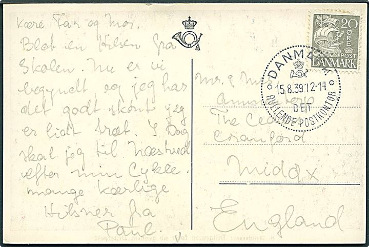 20 øre Karavel på brevkort antagelig fra Herlufsholm pr. Næstved annulleret med særstempel Danmark * Det Rullende Postkontor * d. 15.8.1939 til England. Usædvanlig anvendelse til udlandet på dato hvor Det rullende Postkontor ikke var i anvendelse. 