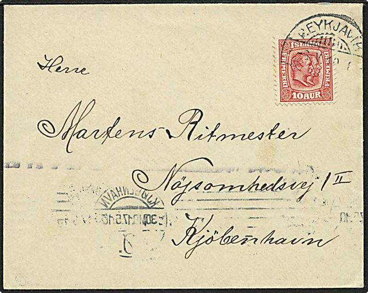 10 aur To Konger single på pænt brev fra Reykjavik d. 6.5.1910 til Kjøbenhavn, Danmark.