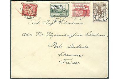 5 øre, 10 øre og 15 øre Regentjubilæum på brev fra Lyngby d. 26.7.1937 til poste restante i Chamonix, Frankrig. Påsat fransk 30 c. portomærke som poste restante gebyr.