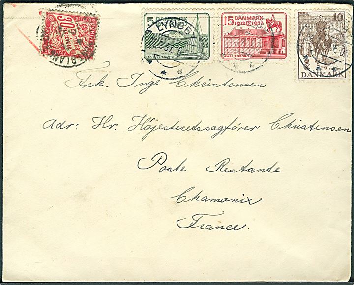 5 øre, 10 øre og 15 øre Regentjubilæum på brev fra Lyngby d. 26.7.1937 til poste restante i Chamonix, Frankrig. Påsat fransk 30 c. portomærke som poste restante gebyr.