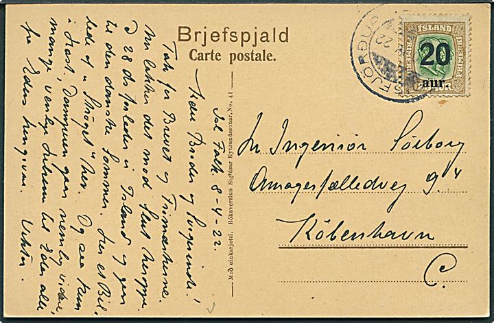20/25 aur Provisorium på brevkort (Gadeparti fra Reykljavik) dateret inspektionsskibet Islands Falk og stemplet Seydisfjördur d. 10.4.1922 til København, Danmark.