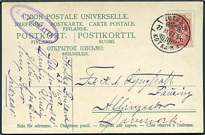 Russisk 4 kop. Våben på brevkort fra Kotka B. i Finland d. 27.11.1907 til Allingaabro, Danmark. Privat skibsstempel fra S/S Farmatyr fra rederiet Myren.