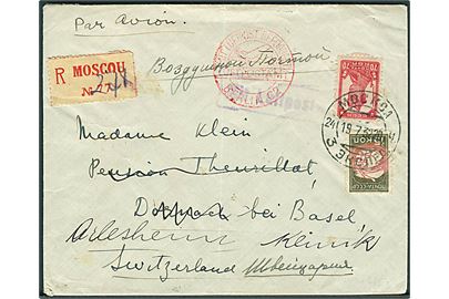 15 kop. og 70 kop. på anbefalet luftpostbrev fra Moskva d. 19.7.1932 via Berlin til Dornach, Schweiz - eftersendt til Ahlesheim. Rødt stempel: Mit Luftpost befördert Luftpostamt Berlin C. 2.