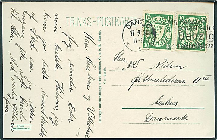 10 pfg. Våben (2) med tydelig automatafskæring på brevkort (Danzig Bahnhof) fra Danzig d. 27.9.1931 til Aarhus, Danmark.