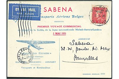 15 öre Gustaf på SABENA 1.-flyvningsbrevkort Baltic Air Express - Malmö-Anvers-London stemplet Malmö 8 Luftpost d. 3.5.1931. På bagssiden frankeret med britisk 4d George V stemplet London d. 30.4.1931 til Malmö, Sverige. 