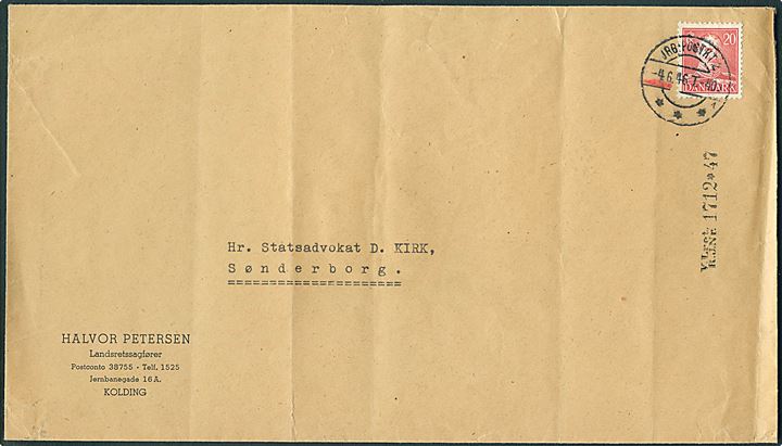 20 øre Chr. X på stor kuvert fra Kolding annulleret med reservebureaustempel JRB.-POSTKT. 2 sn2 T.409 d. 4.6.1946 til Sønderborg. 