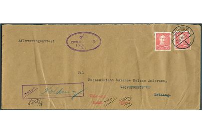 20 øre Chr. X (2) på lokalbrev med afleveringsattest fra Kolding 1. d. 28.5.1947. Retur da modtageren er flyttet til England.