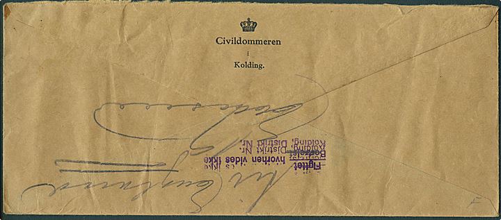 20 øre Chr. X (2) på lokalbrev med afleveringsattest fra Kolding 1. d. 28.5.1947. Retur da modtageren er flyttet til England.