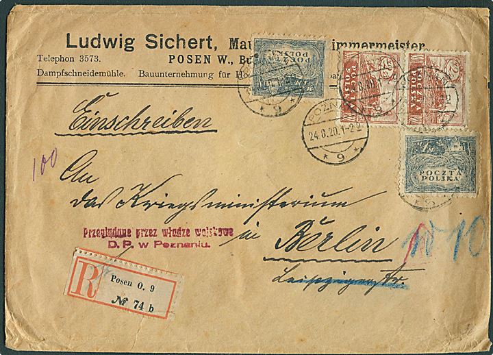 1 mk. (2) og 2,50 mk. (2) Nordpolen udg. på anbefalet brev fra Poznan d. 24.8.1920 til Berlin, Tyskland. Polsk censur.