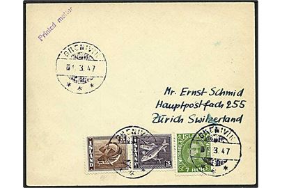 7 aur Chr. X, 3 aur Sild og 5 air Torsk på tryksag annulleret med brotype stempel Grenivik d. 1.3.1947 til Zürich, Schweiz.