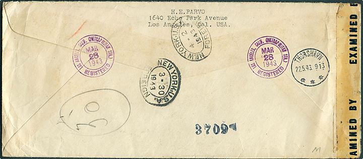 23 cents blandingsfrankeret anbefalet luftpostbrev fra Los Angeles d. 28.3.1943 via New York d. 2.4.1943 til Thorshavn, Færøerne. Ank.stemplet Thorshavn d. 22.5.1943. Påskrevet: Via Air Mail in the U.S. og stemplet Via Air Mail to New York. Åbnet af amerikansk censur no. 5730.