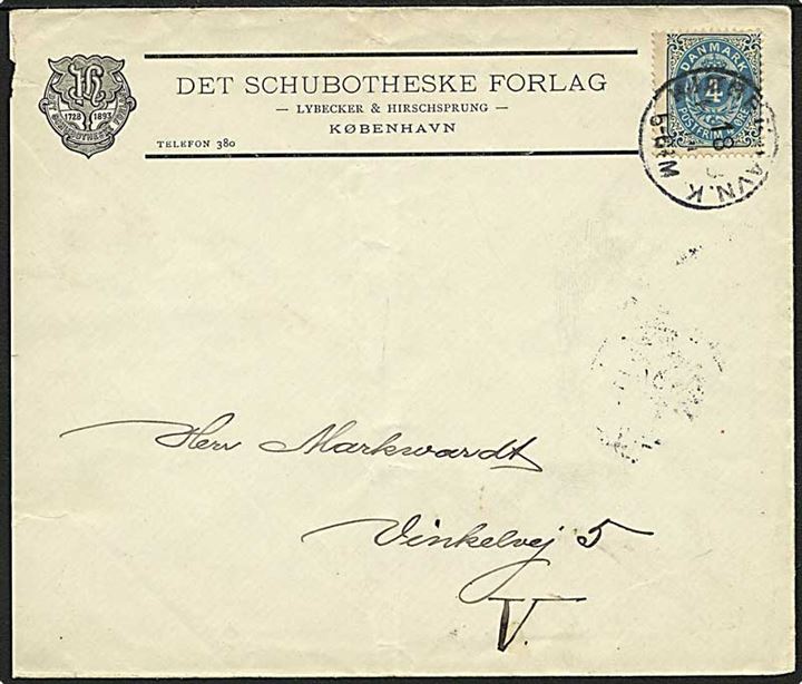 4 øre Tofarvet single på lokal firmakuvert Det Schubotheske Forlag stemplet Kjøbenhavn K. d. 18.11.1894.