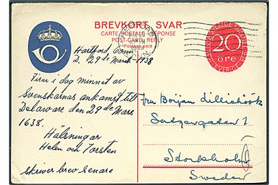 20 öre Nya Sverige Minnet svardel af dobbelt helsagsbrevkort annulleret med amerikansk stempel i Hartford Conn. d. 29.3.1938 til Stockholm, Sverige.