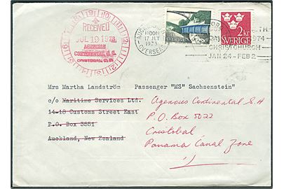 40 öre Dalslands Kanal og 2 kr. Tre Kroner på brev fra Göteborg 1973 til passager ombord på M/S Sachsenstein i Auckland, New Zealand - eftersendt til Cristobal, Panama Canal Zone.