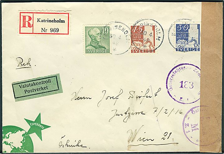 10 öre Gustaf, 15 öre og 30 öre Svenskar i USA på anbefalet brev fra Katrineholm d. 30.4.1949 til Wien, Østrig. Åbnet af østrigsk censur.