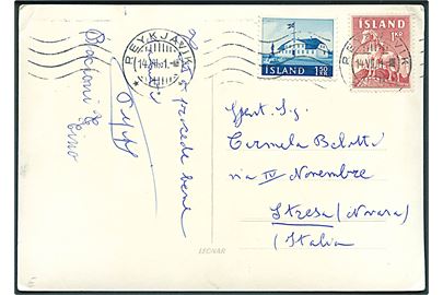 1 kr. Hast og 1,50 kr. Gl. Regeringsbygning på brevkort fra Reykjavik d. 14.7.1961 til Italien.