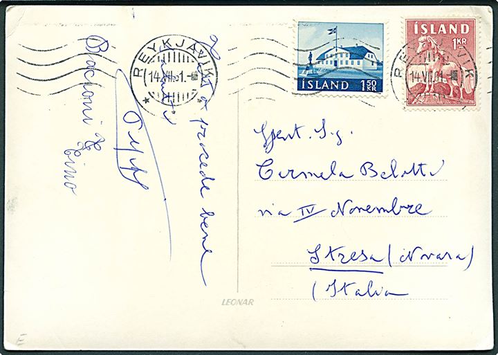 1 kr. Hast og 1,50 kr. Gl. Regeringsbygning på brevkort fra Reykjavik d. 14.7.1961 til Italien.