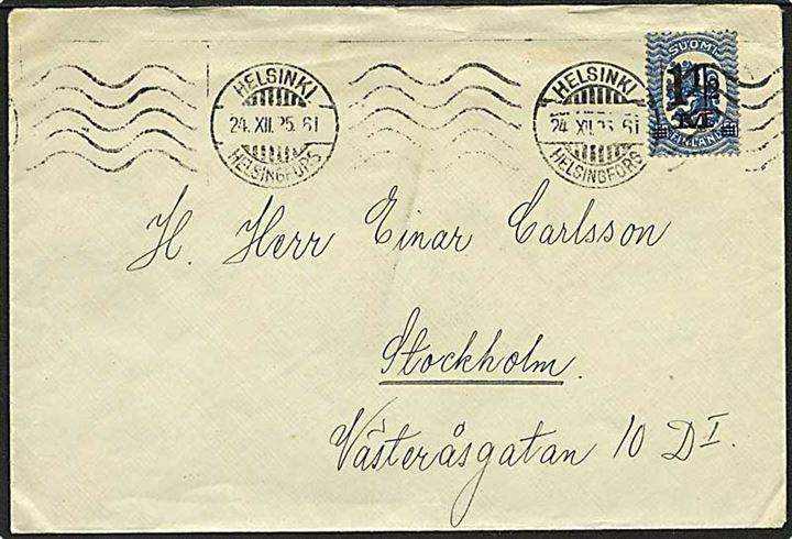 1½ mk./50 p. Provisorium single på brev fra Helsinki d. 24.12.1925 til Stockholm, Sverige.