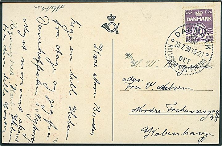 10 øre Bølgelinie på brevkort annulleret med særstempel Danmark * Det Rullende Postkontor * d. 23.7.1939 til København. Det rullende Postkontor var opstillet i Nyborg d. 22.-24.1939 i forbindelse med Danehoffesten.