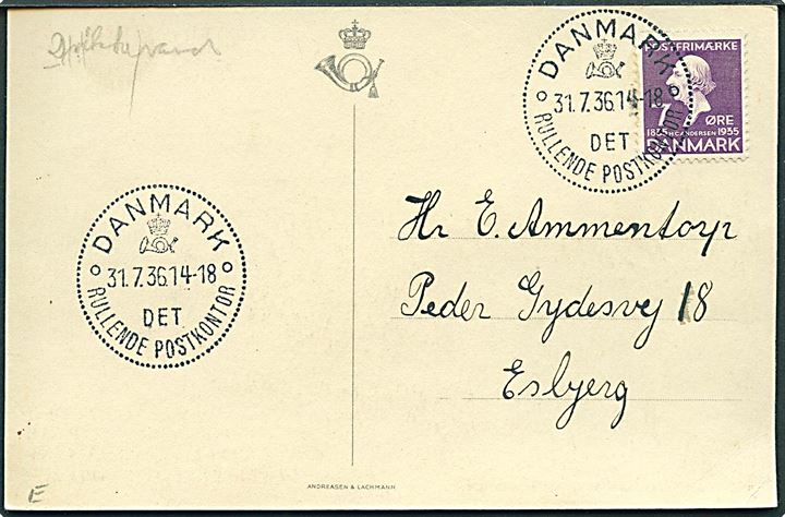 7 øre H.C.Andersen på lokalt brevkort annulleret med særstempel Danmark * Det Rullende Postkontor * d. 31.7.1936 til Esbjerg. Det rullende Postkontor var opstillet i Esbjerg d. 31.7.-1.8.1936 i forbindelse med dyreskue.