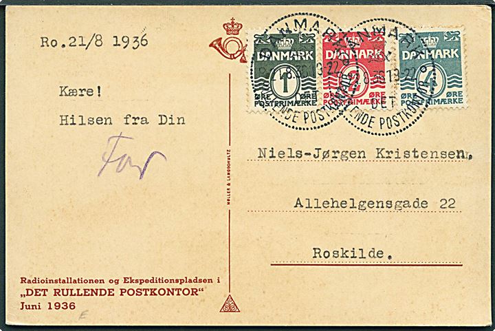 1 øre, 2 øre og 4 øre Bølgelinie på lokalt brevkort annulleret med særstempel Danmark * Det Rullende Postkontor * d. 21.8.1936 til Roskilde. Det rullende Postkontor var opstillet i Roskilde d. 21.8.1936 i forbindelse med byfest.