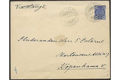 25 pen. helsagskuvert fra Tammerfors d. 11.2.1895 til København, Danmark. Påskrevet: via Hangø, som er overstreget.