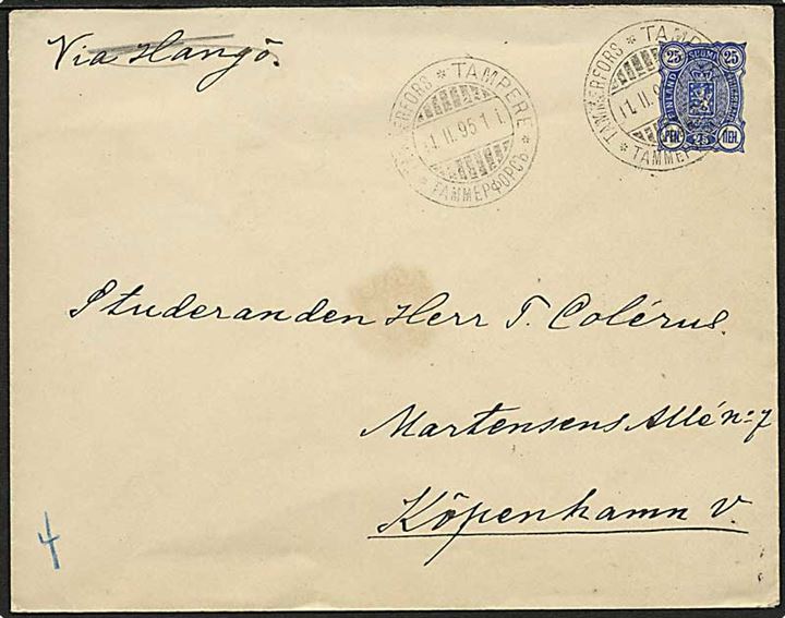 25 pen. helsagskuvert fra Tammerfors d. 11.2.1895 til København, Danmark. Påskrevet: via Hangø, som er overstreget.