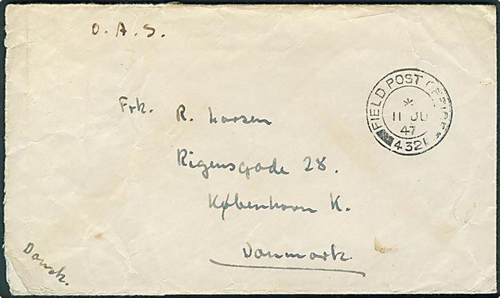 Ufrankeret O.A.S. feltpostbrev stemplet Field Post Office 432 (= Hamburg) d. 11.6.1947 til København. Fra dansk postcensor ved 2. District Censorship Station i Hamburg.