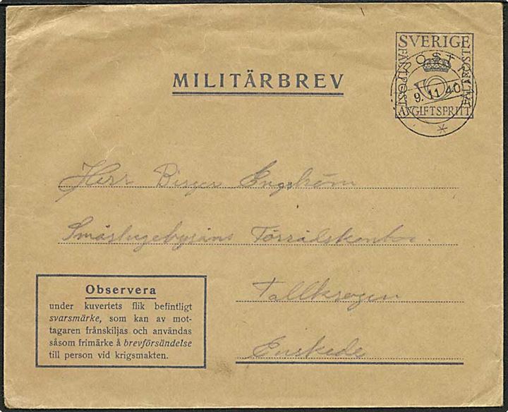 Militärbrev med ubenyttet svarmærke stemplet Fältpost Nr. 12 d. 9.11.1940 til Enskede. Fra soldat ved fältpost 29632 Litt. O.