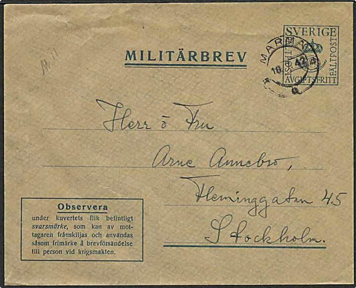 Militärbrev med ubenyttet svarmærke fra Marma d. 10.7.1942 til Stockholm.