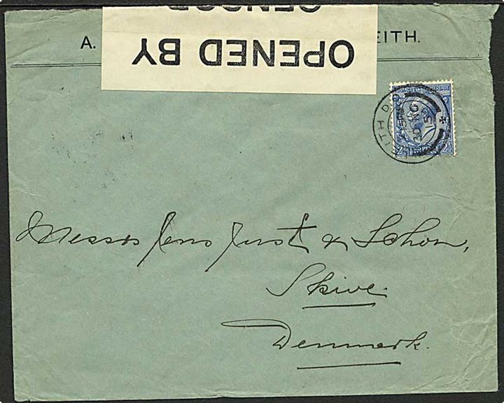 2½d George V single på brev fra Leith d. 30.11.1915 til Skive, Danmark. Åbnet af british censor nr. 991.