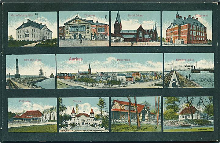 Partier fra Aarhus med bla. Domkirken, Søndre Mole med havnefyr, Varna. J. J. N. no. 4259. 