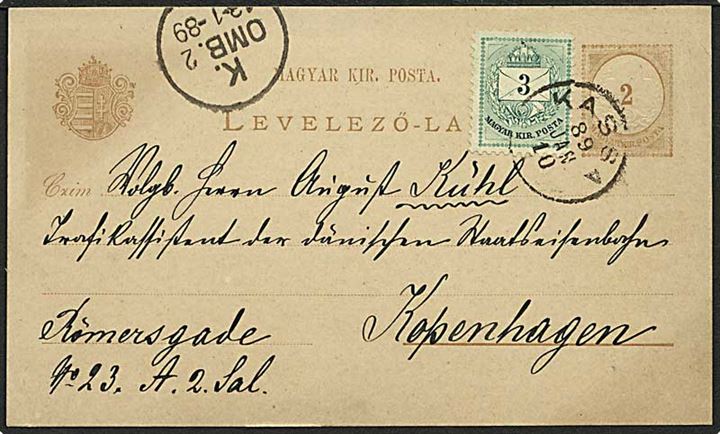 2 kr. helsagsbrevkort opfrankeret 3 kr. fra Kassa d. 10.1.1889 til København, Danmark.