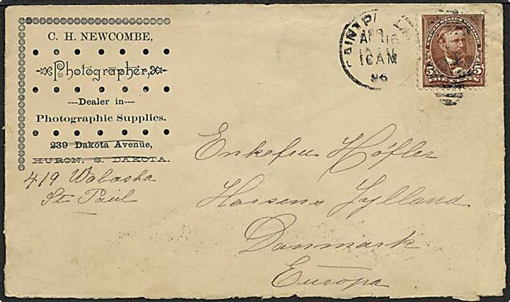 5 cents single på brev fra Saint Paul d. 16.4.1896 via New York til Horsens, Danmark.