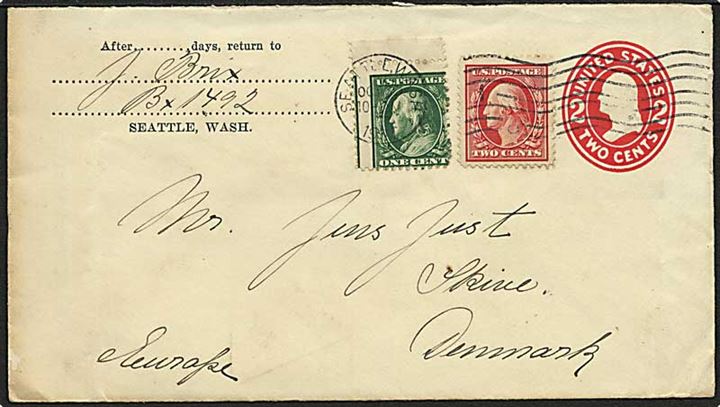 2 cents helsagskuvert opfrankeret med 1 cent Franklin og 2 cents Washington fra Seattle d. 30.10.1911 til Skive, Danmark.