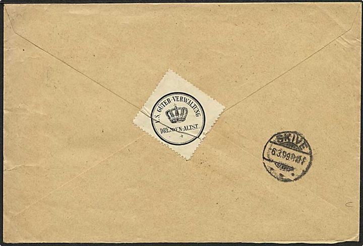 10 pfg. Adler i parstykke på brev fra Dresden d. 4.3.1899 til Skive, Danmark. På bagsiden lukkeoblat fra K.S. Güter-Verwaltung Dresden-Altst.