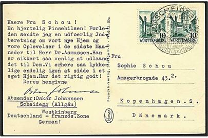 Fransk Zone. Württemberg. 10 c. i parstykke på brevkort fra Scheidegg 1949 til København, Danmark.