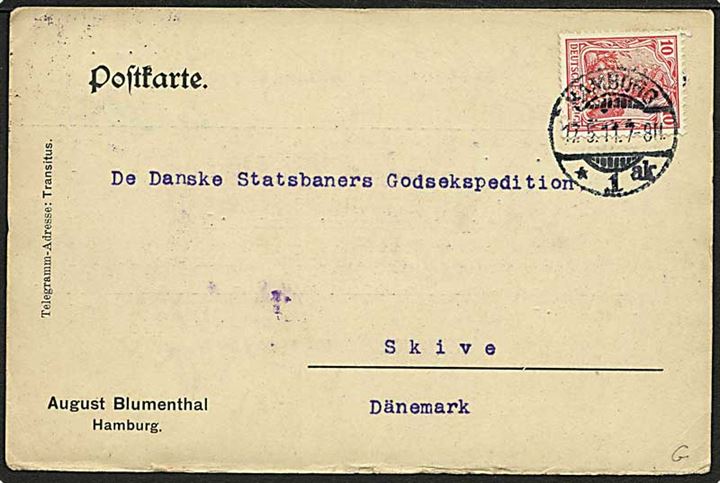 10 pfg. Germania med perfin AUS.BLU. (August Blumenthal) på brevkort fra Hamburg d. 17.5.1911 til Skive, Danmark. På bagsiden ovalt jernbanestempel: Skive Godseksp. D.S.B.