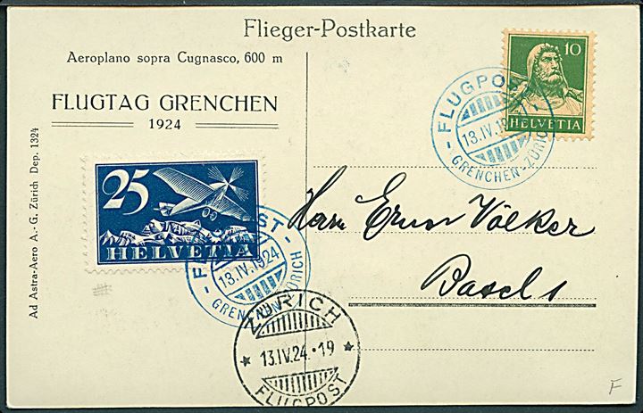 Flugtag Grenchen 1924. Fotokort no. 1324. Frankeret med 10 c. Tell og 25 c. Luftpost stemplet Flugpost Grenchen - Zürich d. 13.4.1924 til Basel.