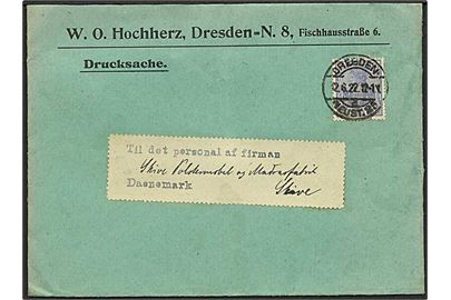 30 pfg. Germania single på tryksag fra Dresden d. 2.6.1922 til Skive, Danmark.